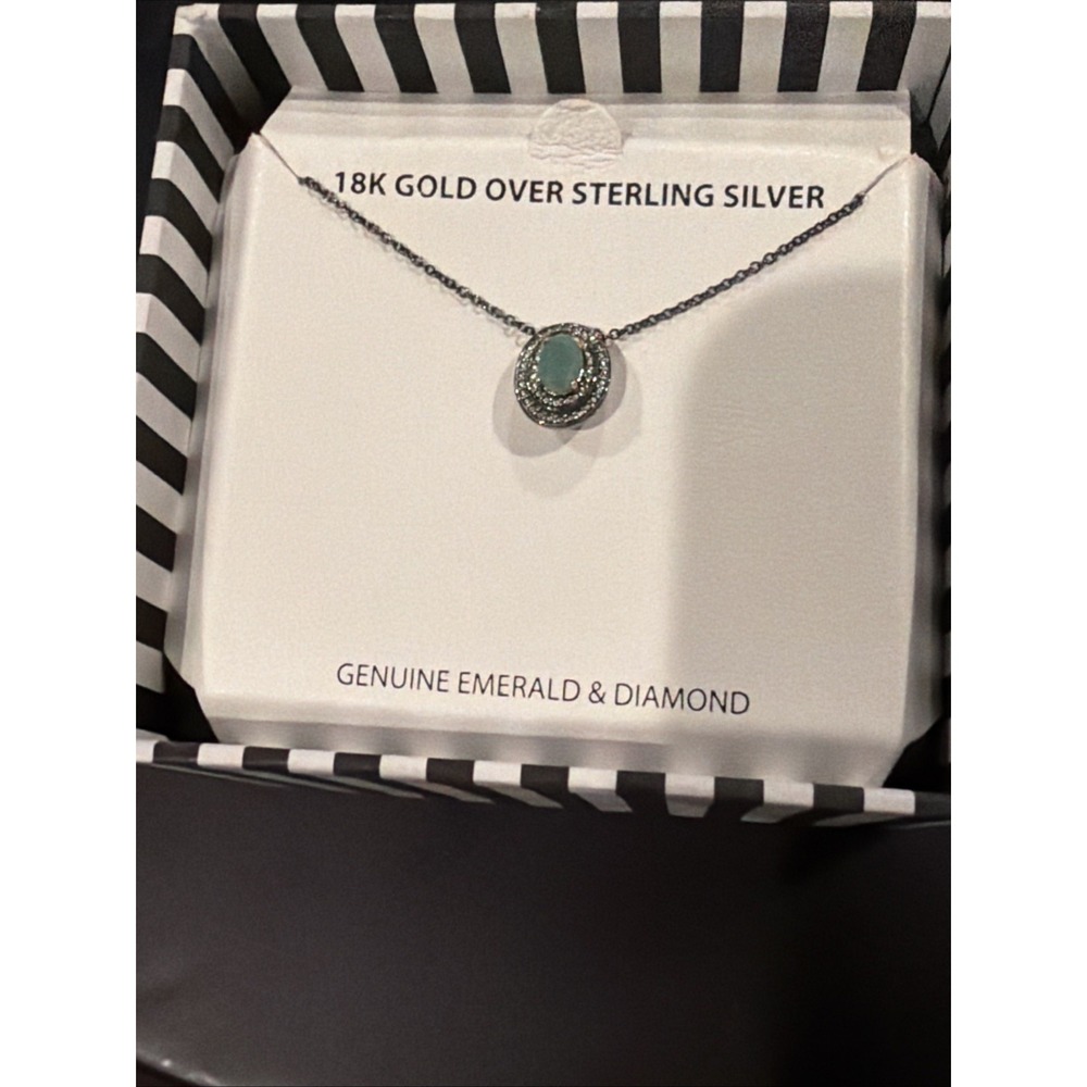 Genuine Emerald Diamond Pendant Necklace 18K Gold Over Sterling Silver NIB